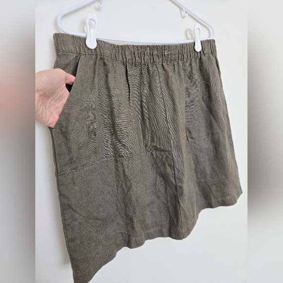 Garnet Hill Brown Linen Skirt, Front Pockets, Elastic Waist | Size 14 - Picture 2 of 5